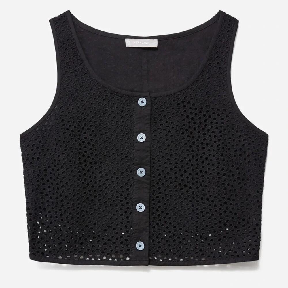 Everlane Black The Eyelet Tank Top Cropped Button Front 6